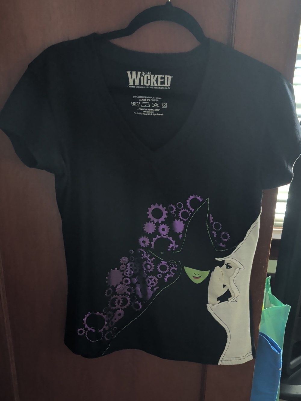 Women's Black V-Neck Graphic Tee with Purple & Green Detail